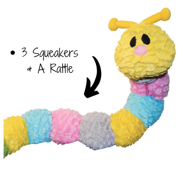 Patchwork Pet Plush Caterpillar Dog Toy with description of toy